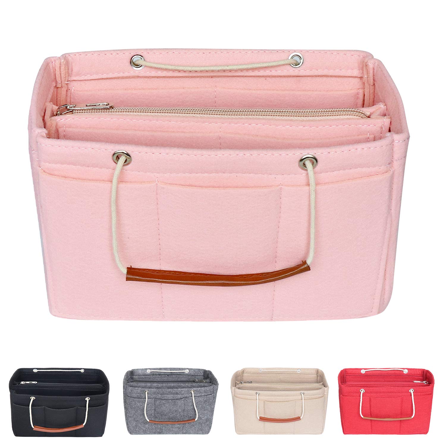 Soyizom Felt Bag Organiser Insert Handbag for Women,Travel Makeup Handbag Organiser Insert Bag Liner for Tote with Handles Keychain(X-Large,pink)