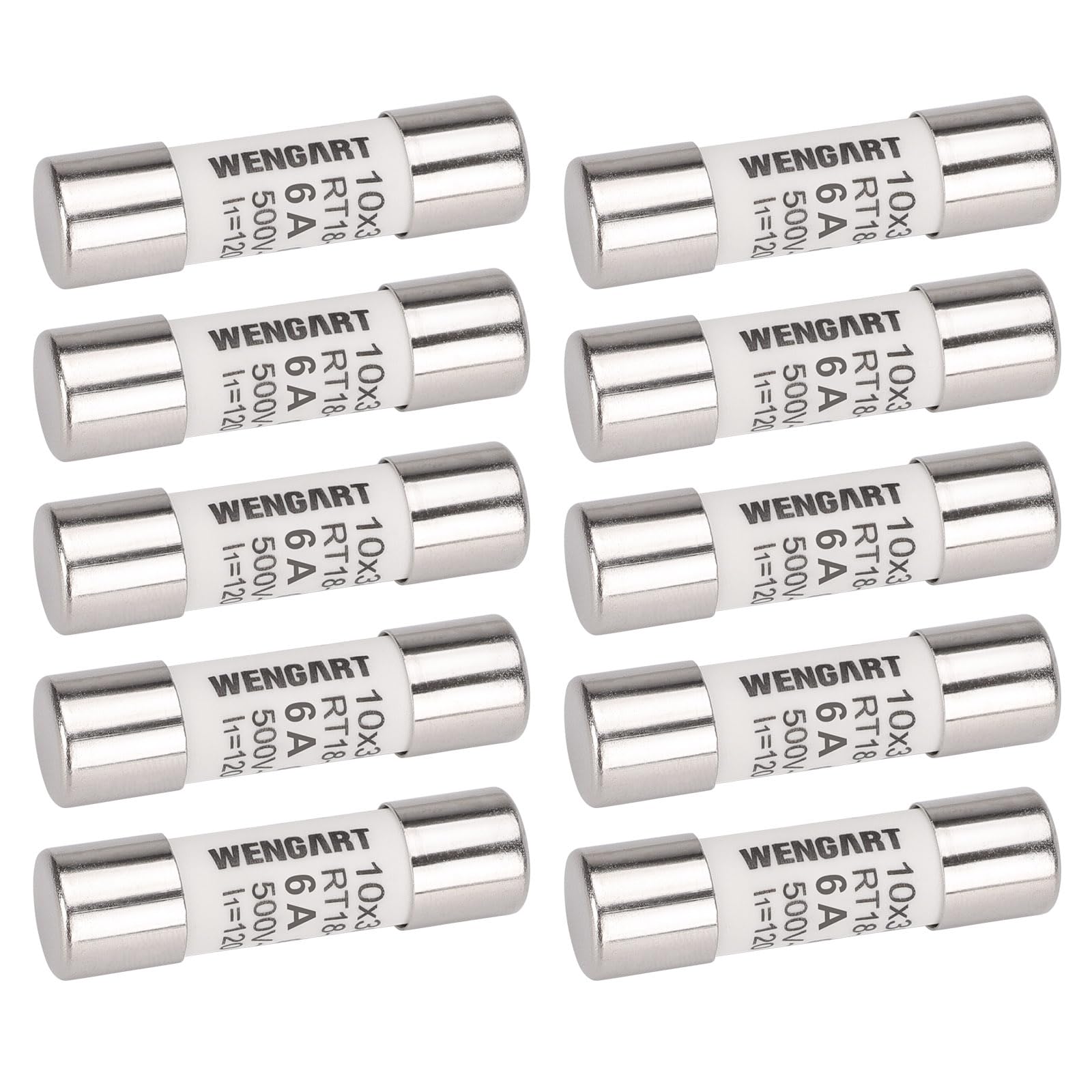 Wengart AC Cylindrical Fuse Link RT18-32 (RO15), AC500V 6A, 120kA, 10x38mm, 10 pieces, Strong Breaking Capacity, Can Reliably Protect The Circuit