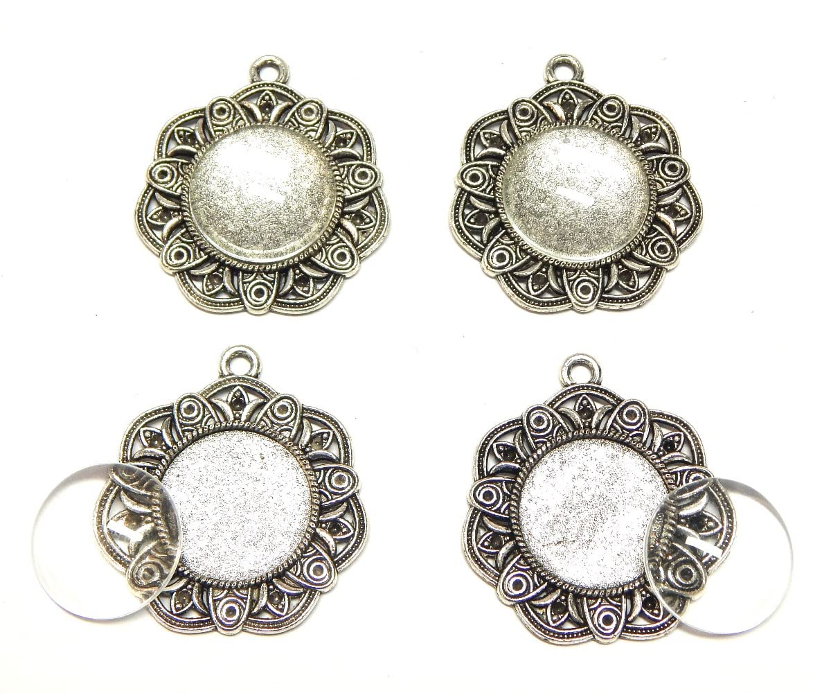 Perlin Set of 4 Metal Pendant Lockets Charm and 20 mm Round Clear Glass Cabochon, Silver Setting Frame Super Look Craft Set, 38x34mm für 20mm Cabachon, Brass