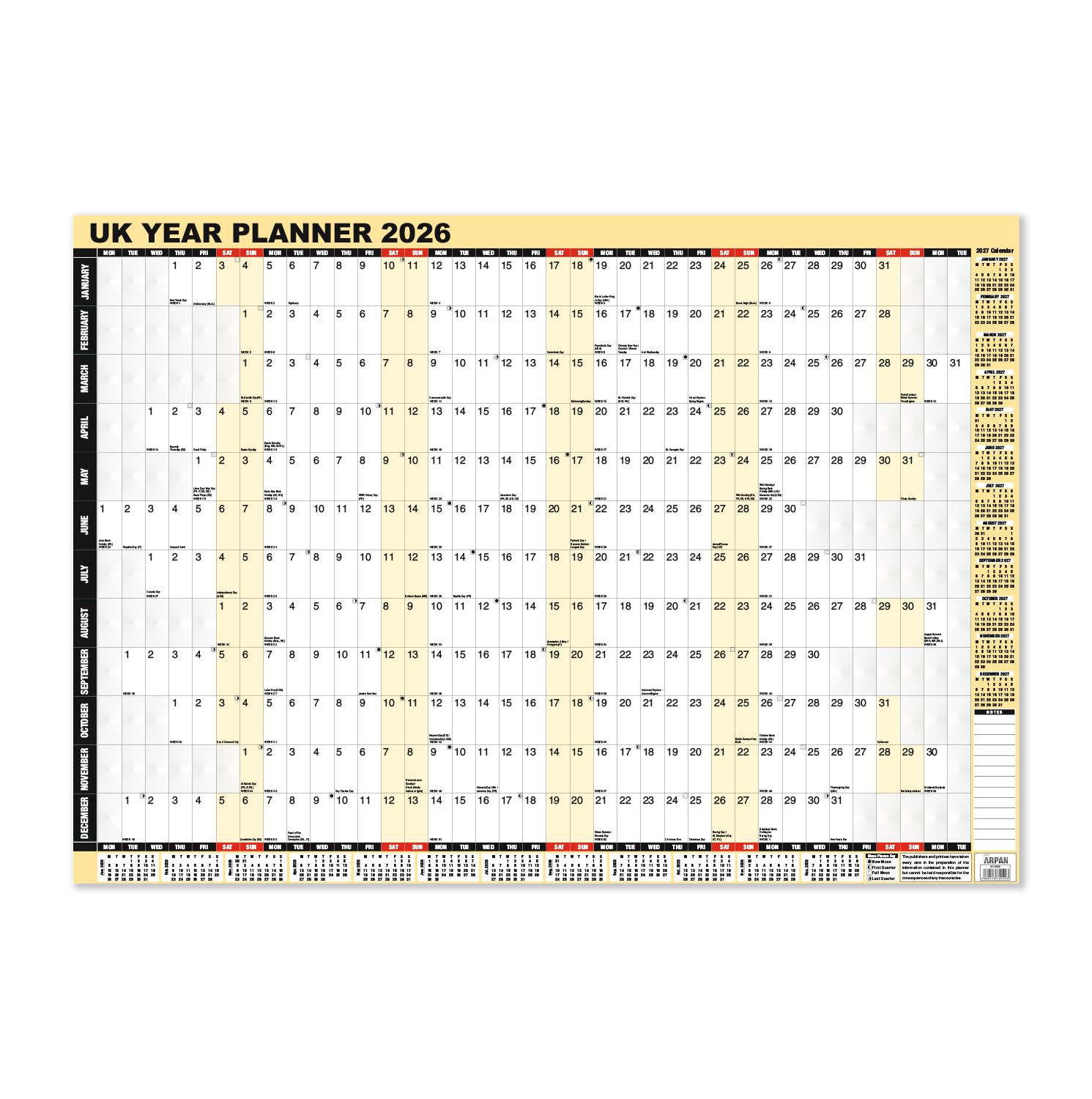 2026 Year Wall Planner, Laminated Yearly Wall Planner Calendar by Arpan (A1-2026)