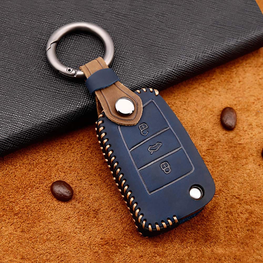 ontto for Volkswagen Car Key Cover Leather Key Fob Cover Holder Protector for VW Golf 7 Mk7 Polo Jetta 4 Touran T-Roc Tiguan Seat Leon 3 Ibiza Karoq Octavia 3 Superb 3 Remote Car Key Case Keyring Blue