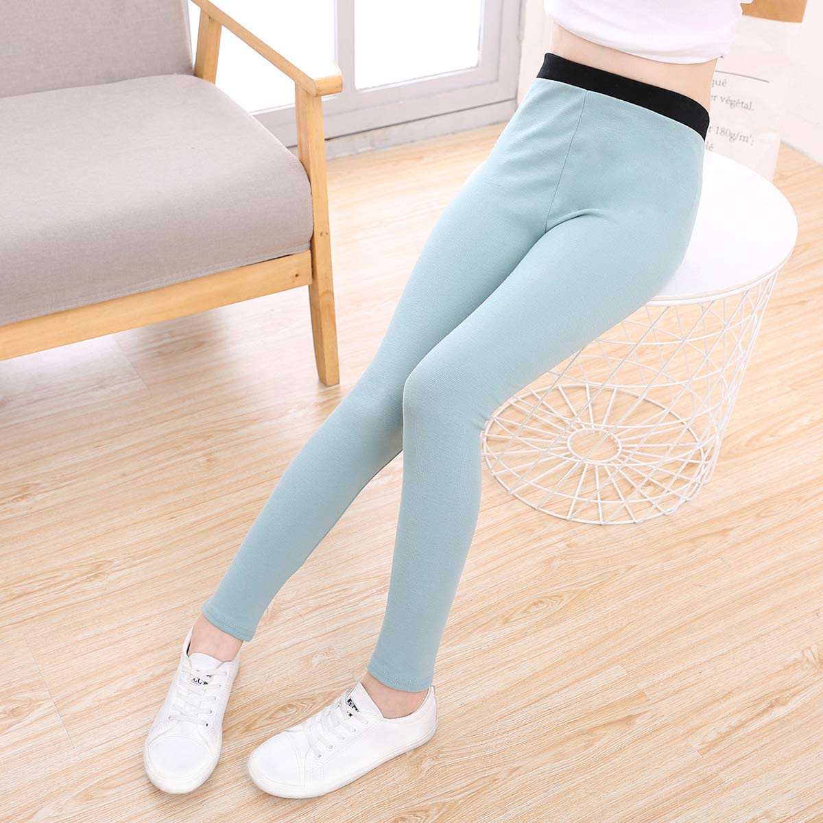 slaixiu Cotton Ankle Length Girls Leggings Stretchy Kids Pants 3-12y(GP04_Black&Green_110)