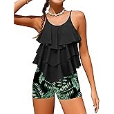 GEMLON Teens Girls Summer Swimsuit Solid Color Padded Adjustable Strap Tankini Shorts Set Girls Ruffled Beach Bathing Suit