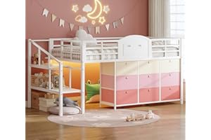 VIAGDO Low Loft Bed Twin Size with 9 Storage Drawers and LED Lights, Metal Twin Loft Bed with Stairway Shelf Storage, Low Loft Bed with Safety Guardrail and Under-Bed Hideaway for Kids, White