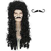 karlery Long Curly Black Wig and Moustache Halloween Pirate Captain Cosplay Party Costume Wig