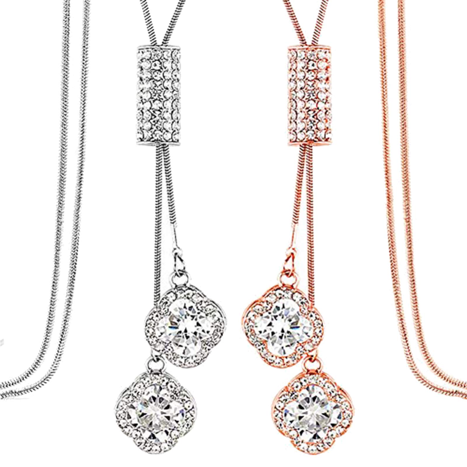 Four Leaf Clover Long Necklace Sweater Chain Hanging Long Necklace for Women and Girls (Silver and rosegold)