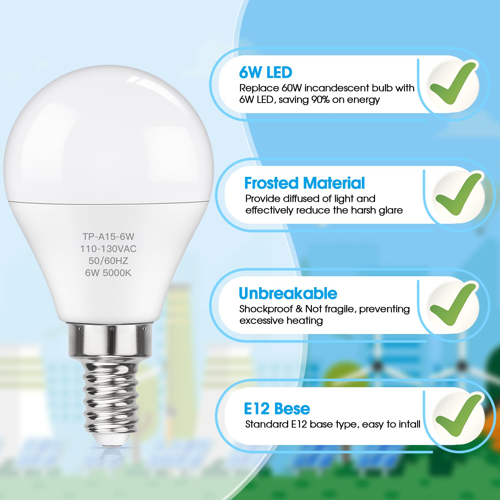 MAXvolador E12 LED 60W Equivalent Daylight White 5000K Ceiling Fan Bulbs, 600LM CRI 85+ Small Base Candelabra Bulbs, 6W Non-Dimmable, Pack of 6