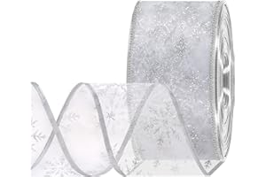 CERETIA Silver Wired Christmas Ribbon - Snowflake Sheer Glitter Ribbon for Christmas Tree, Gift Wrapping, Christmas Decorations - 2.5 inch x 50 Yards