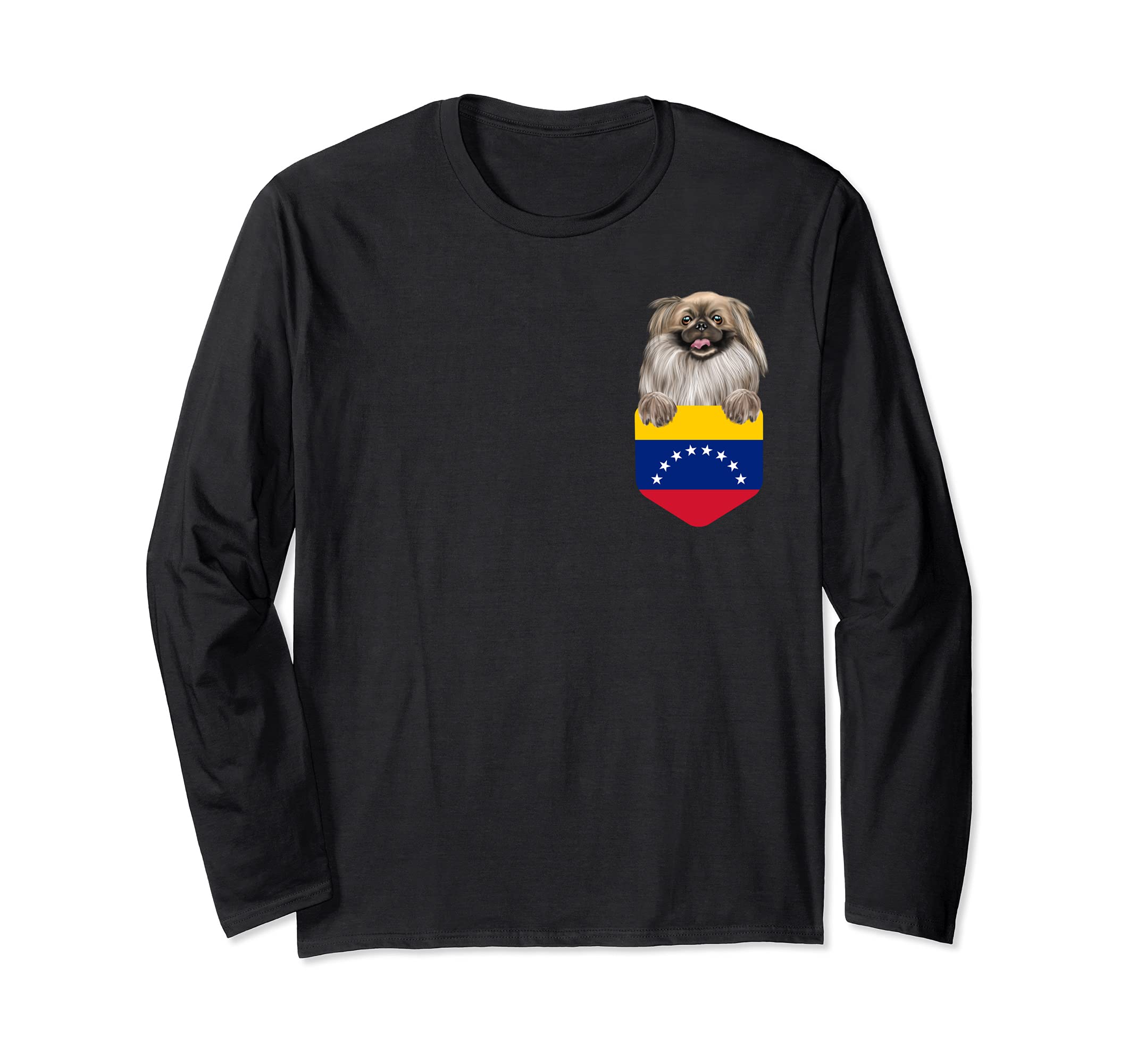 Venezuela Flag Pekingese Dog In Pocket Long Sleeve T-Shirt
