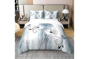 100% Natural Cotton Daisy Duvet Cover for Kids Girls,Rustic Butterfly Flower Bedding Set King,Retro Blue Grey Oil Painting Co