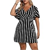 Floerns Women's Plus Size Striped Print Wrap V Neck Short Sleeve A Line Dress