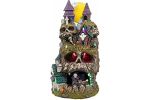 FG Square Skullstone Hollow Skull Theme Spooky Halloween Village Multi-Color LED Lights, Animated Motion and Music 7.75" x 7.5" x 13.5"