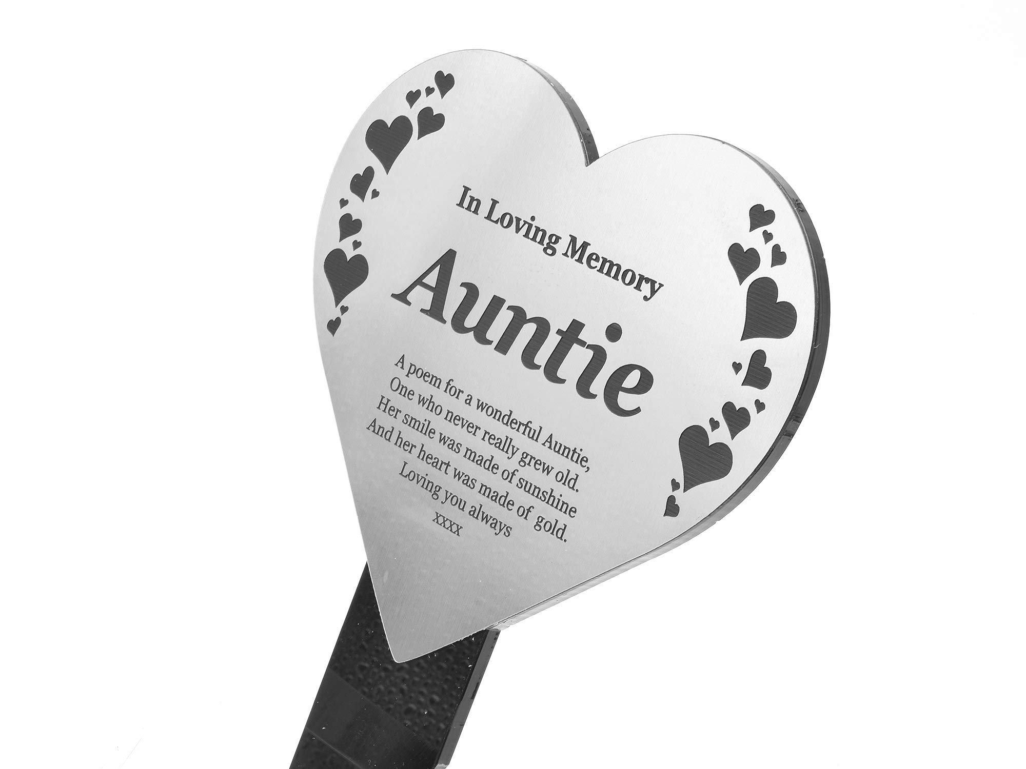 Auntie Heart Memorial Remembrance Plaque Stake - Gold/Silver/Copper/Black & White, Waterproof, Outdoor, Grave Marker, Tribute, Plant Marker (Silver)
