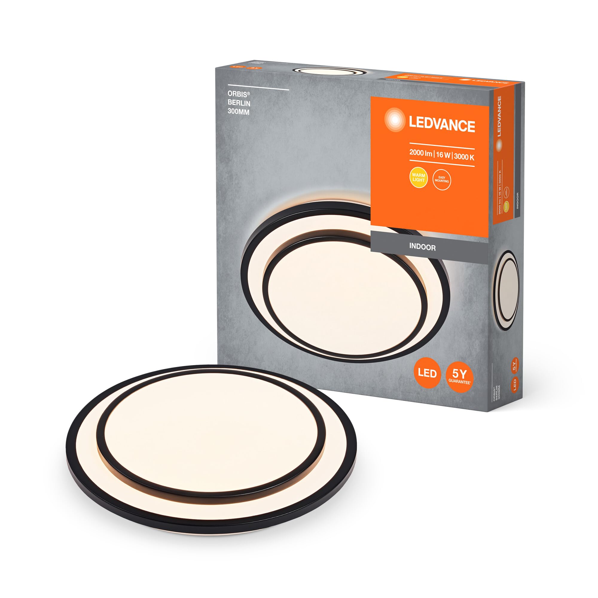 LEDVANCE Orbis Berlin Led Ceiling Light 300Mm, Black, 16W, 2000Lm, Warm White Light Color, Very Homogeneous Light Distribution, Long Life, Non-Replaceable Led Module, Round, Ip20, 3000K