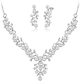EVER FAITH Women's Crystal Simulated Pearl Leaf Vine Necklace Earrings Set Clear Silver-Tone