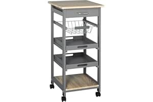 HOMCOM Mobile Rolling Kitchen Island Trolley Serving Cart with Underneath Drawer & Slide-Out Wire Storage Basket, Grey