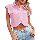 Tankaneo Womens Button Down Shirts Cute Summer Cap Sleeve Crop Tops Blouse
