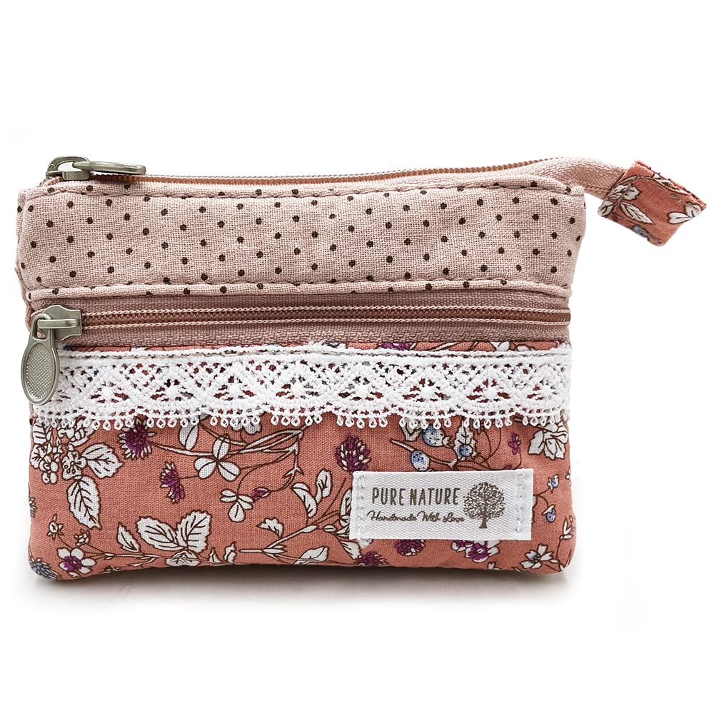 Photo 1 of GUXL Women Small Zipper Coin Purse, Handmade Fabric Flower Embroidered Change Pouch, Cotton Double Zipper Wallet