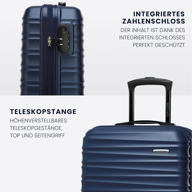 Reisekoffer 4er Koffer-Set Rollkoffer Trolley Handgepäck Gepäck Reisekoffer Set Hartschale aus ABS 4 Spinner-Rollen Zahlenschloss Groove Line Marineblau Lufthansa/Eurowings/Ryanair/Condor