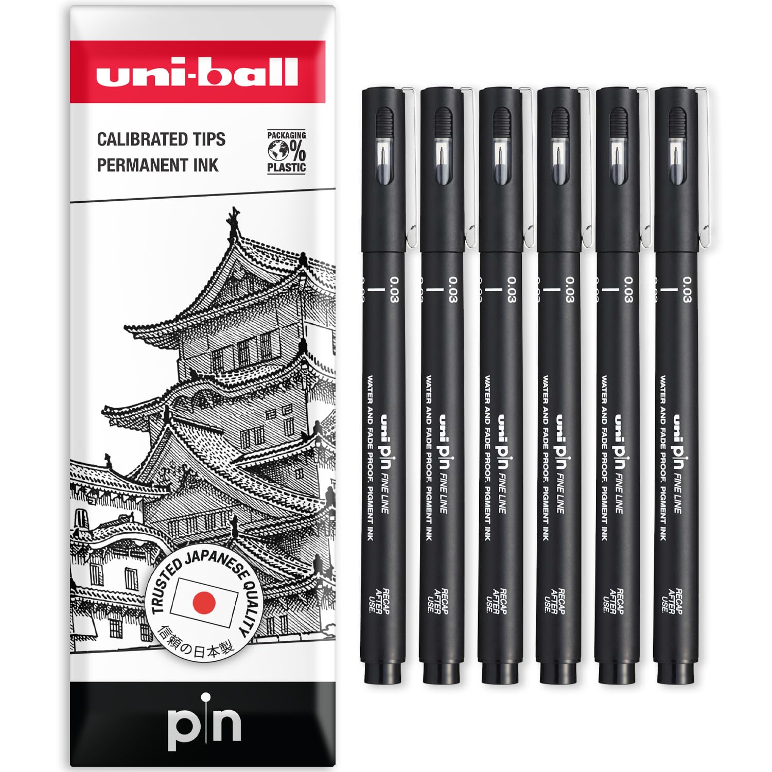 uni-ball PIN Fineliners | Black Fine Tipped Writing Pens | Water & Fade Resistant Ink | Ideal for Sketching, Scrapbooking, Outlining, Art, Technical Drawing | In Envelope (Pack of 6, 0.3mm)