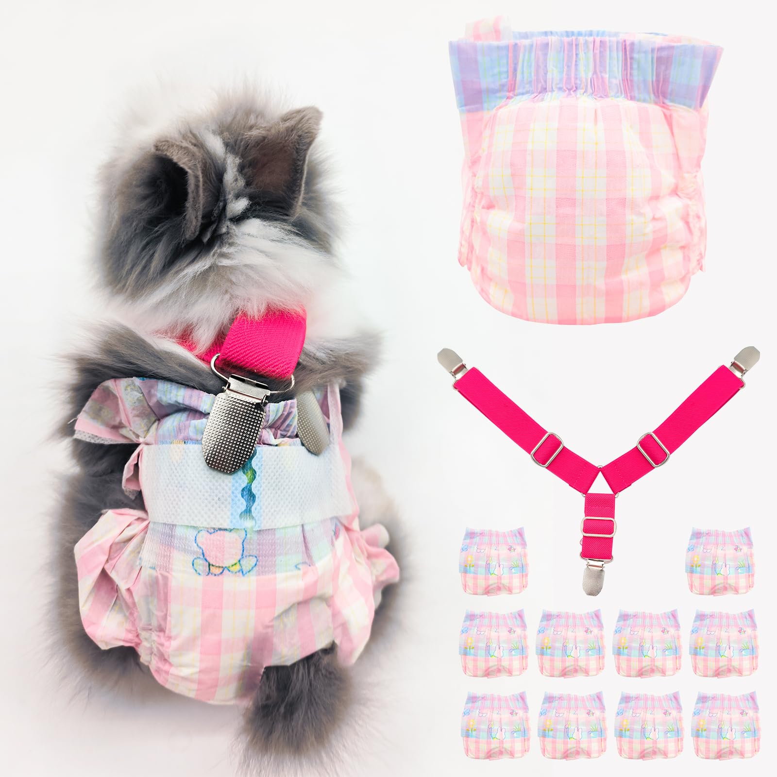 Photo 1 of Disposable Rabbit Diapers,Small Pee Pads,with Rabbit Suspenders for Diapers Female,Squirrel Diapers,for Bunny Guinea Pig Kitten Hedgehog Sindoor and Outdoor Activities.(10PCS) (Pink Plaid, S)