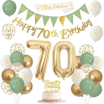 Yontree 70th Birthday Decorations Sage Green Gold White Party Supplies