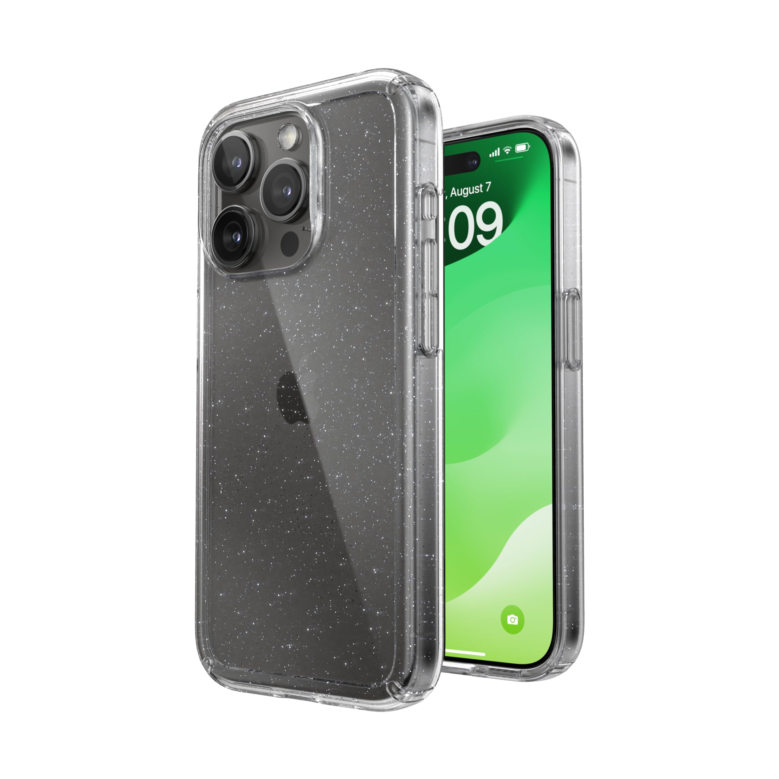 Speck MagSafe Case for iPhone 15 Pro - Drop & Camera Protection, Clear Phone Case, Wireless Charging Compatible, Fits All 6.1 Inch Models - Clear/Platinum Glitter