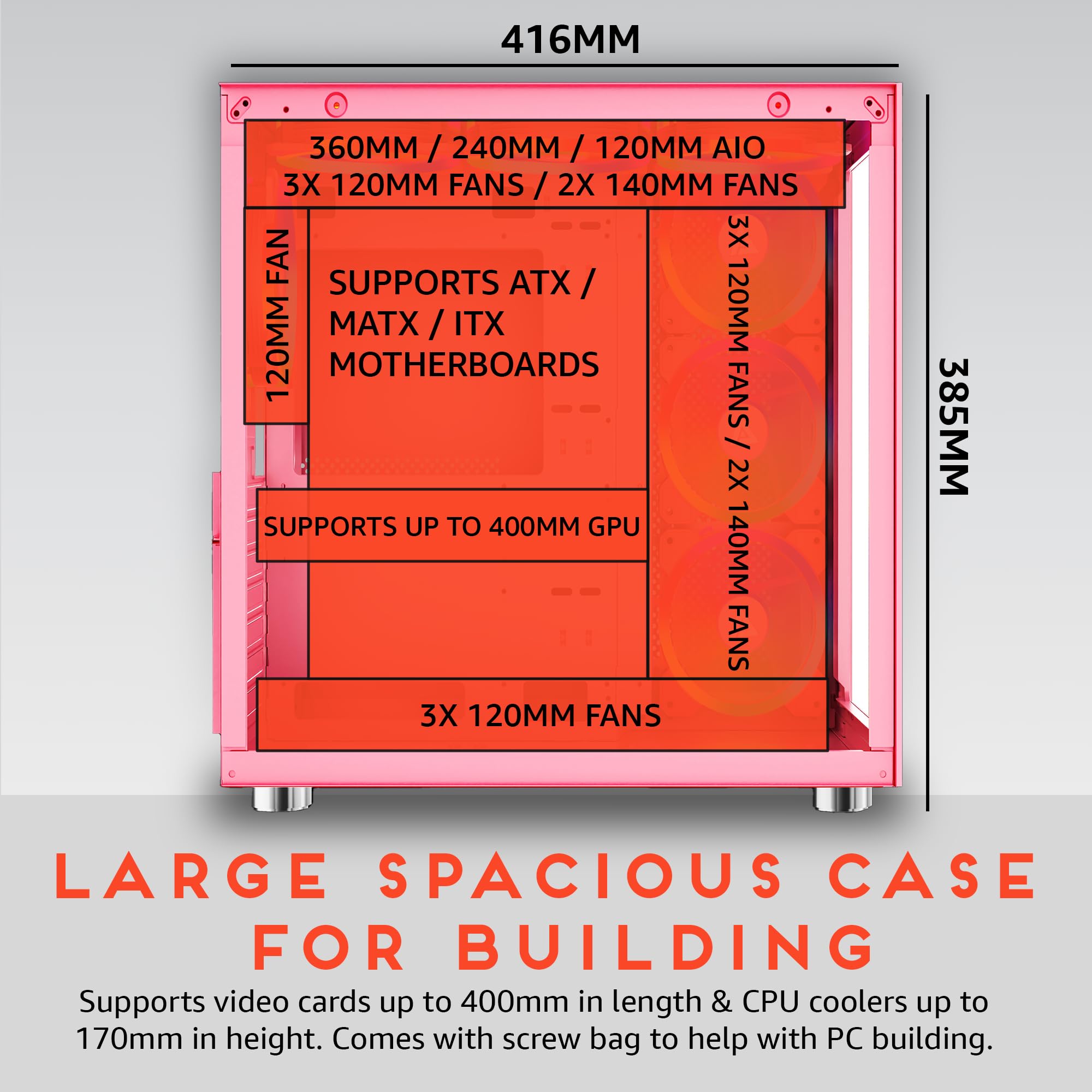 Apevia Prism-Elite-PK Prism Elite Mid Tower ATX Gaming PC Cube Case w/ 7X 120mm PWM ARGB Fans, 366 RGB Modes, Dual Tempered Glass Panels, 360mm Radiator Support, 2X USB3.0, 2X USB 2.0, Pink