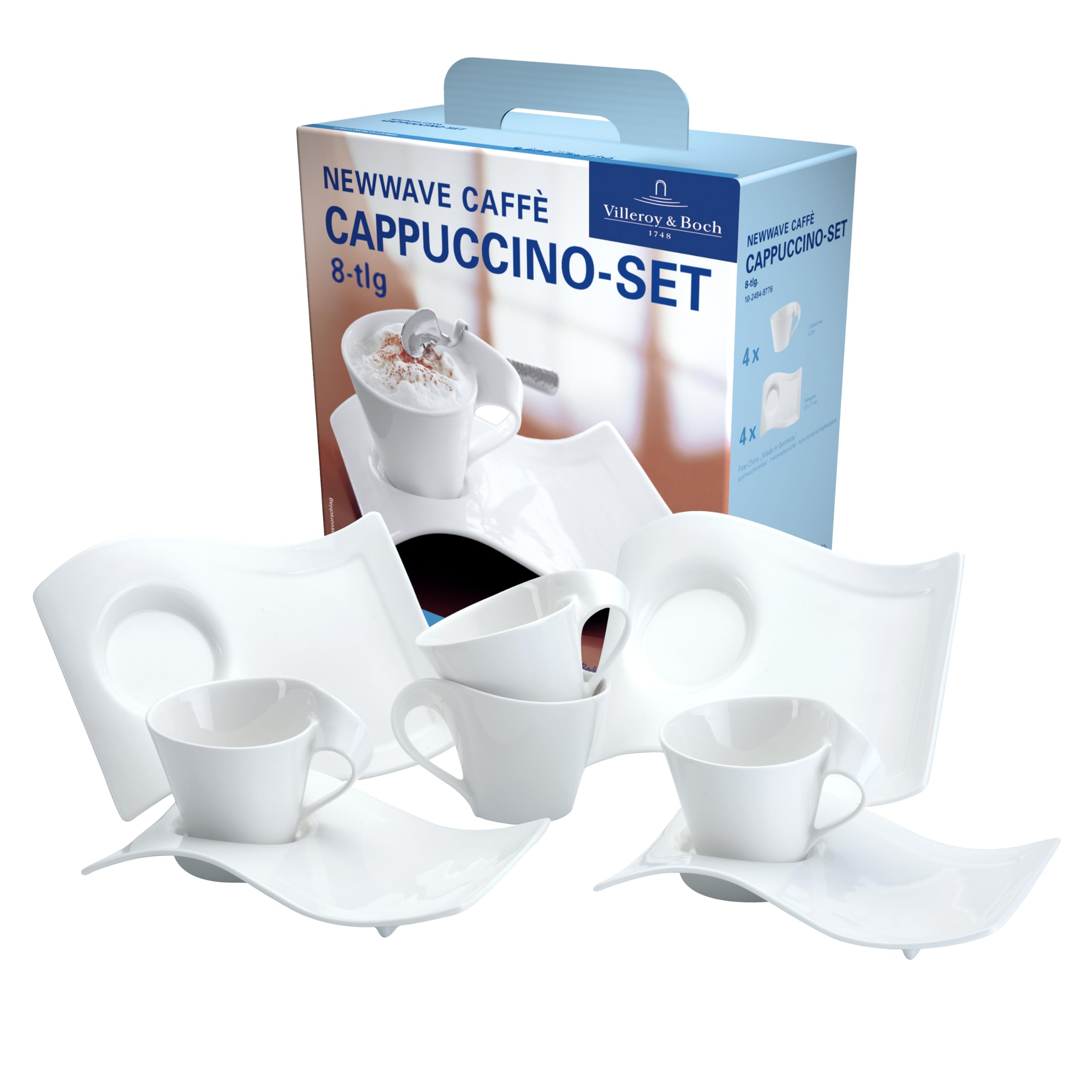 Villeroy & Boch NewWave Premium Cappuccino Set 8-tlg für 4, Hochwertiges Weißes Kaffeeservice, Spülmaschinen- & Mikrowellenfest, Wellenform Design