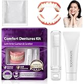 Temporary Denture Kit, Heat Moldable Custom Fit Upper Lower False Teeth | Temporary False Teeth Set with Toothpaste and Toothbrush for Men &amp; Women