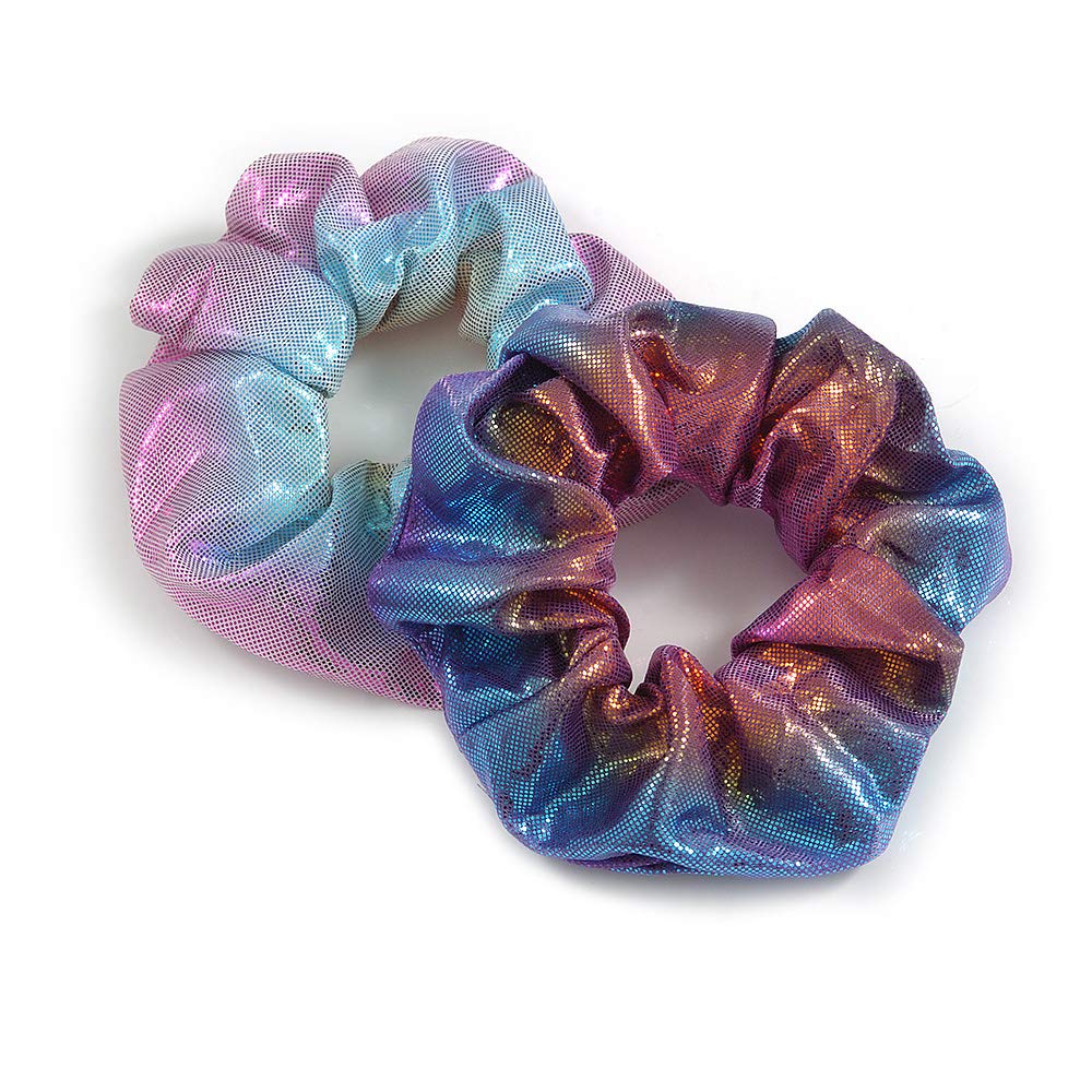 Pack Of 2 Light Chameleon Purple/Blue/Pink Snake Effect Silk Hair Scrunchies - Medium Thickness Hair