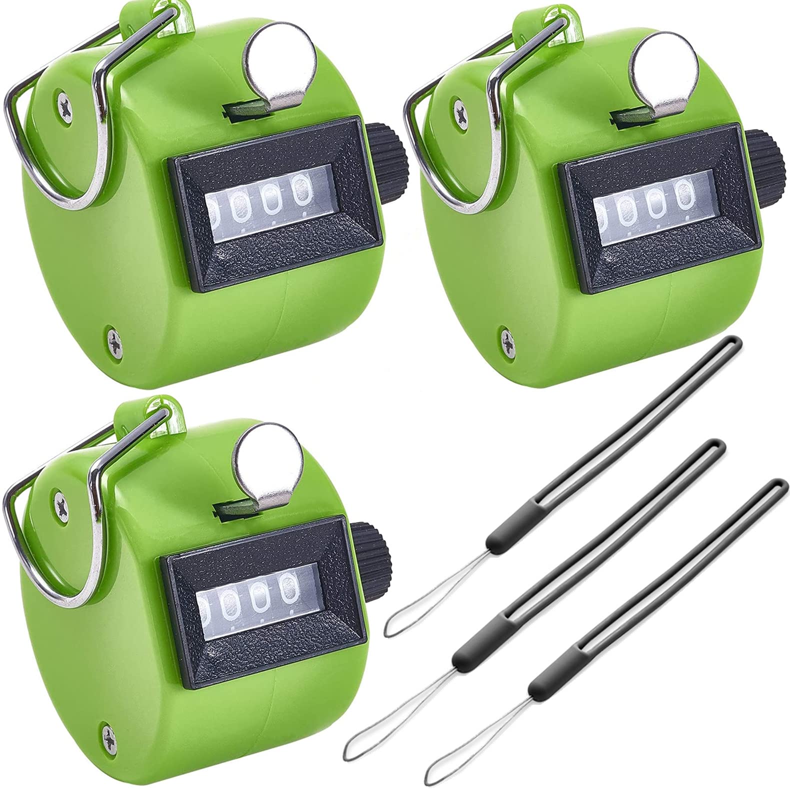 FRGEMFOLS Handheld Tally Counter with Lanyard 3pcs, 4-Digital Mechanical Palm Manual Number Clicker with Finger Ring for Golf Baseball (green)