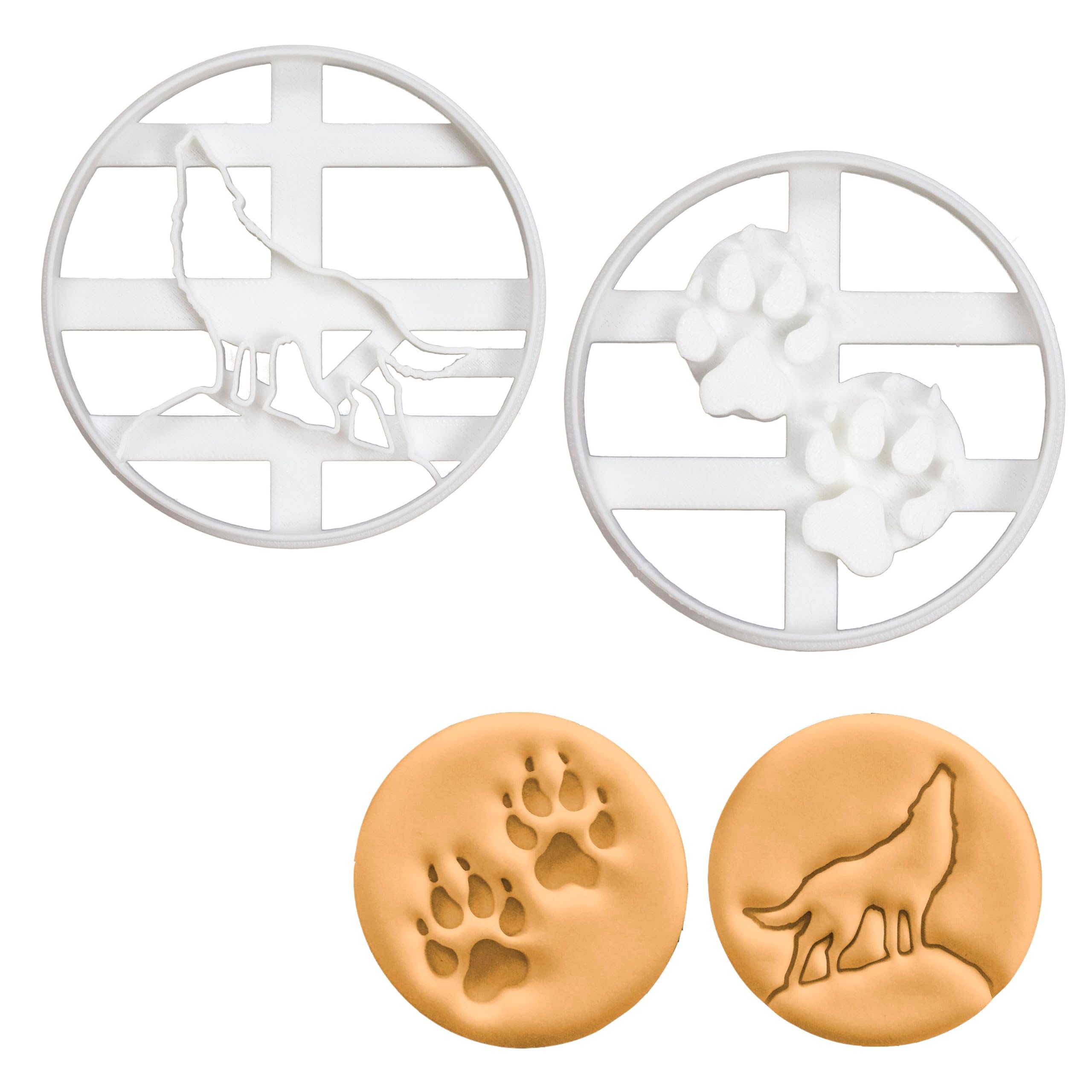 BAKERLOGY Set of 2 Wolf Cookie Cutters (Designs: Howling Wolf and Wolf Paw Prints) -Bakerlogy - Detailed Biscuit Cutter Design for Baking and Crafts, Ideal on Fondant, Dough, Clay