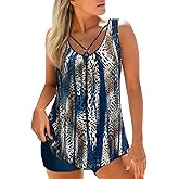 MODLILY Tummy Control Womens Tankini Swimsuits, Two Piece Metal Ring Bathingh Suits, Tank Top with High Waisted Boyshorts