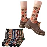 LONGSILVER Argyle Socks Retro High Ankle Women Cotton 5 Pairs Double-Needle Double-Layer British Style
