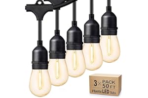 Svater Outdoor String Lights 150FT, E26 Socket, 48pcs S14 Shatterpoof Bulbs, 1 Watt Dimmable 2700K Warm White, IP65 Waterproof Commercial Grade Patio Lights（3 Pack X 50FT）