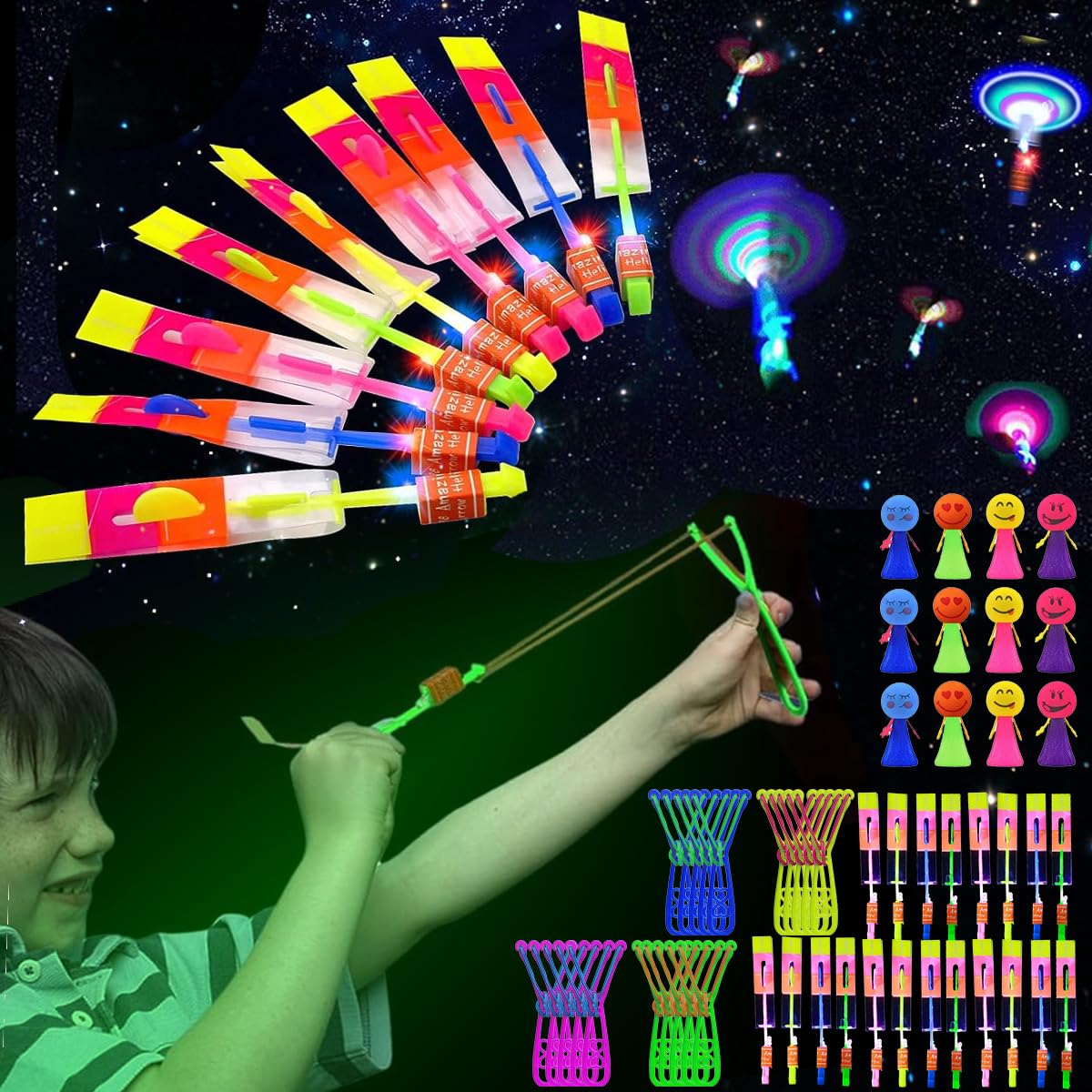 NimblusToy Slingshot Shooters, 20 Slingshot+20 Helicopter, Led Light Up Helicopter Slingshot Toys, Glow in The Dark Party Supplies,Birthday Gifts Party Bag Fillers for Kids- Prizes for Classroom