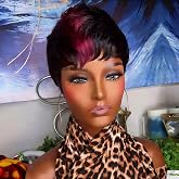 showreal Pixie Cut Wigs for Women 99J Skunk Patch Color Pixie Cut Wig Short Striaght Human Hair Wig Brazilian Virgin Human Hair Glueless Wig Pixie Wigs(089-1b/99j)