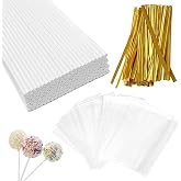 4-inch 300ct White Lollipop Sticks and Bags Set, CHELIZIYA Paper Sticks Kit | Cake Pop Sticks Kit with 100ct Paper Candy Sticks,100ct Clear Bags, 100ct Gold Twist Ties for Hard Candy, Chocolate, Dessert