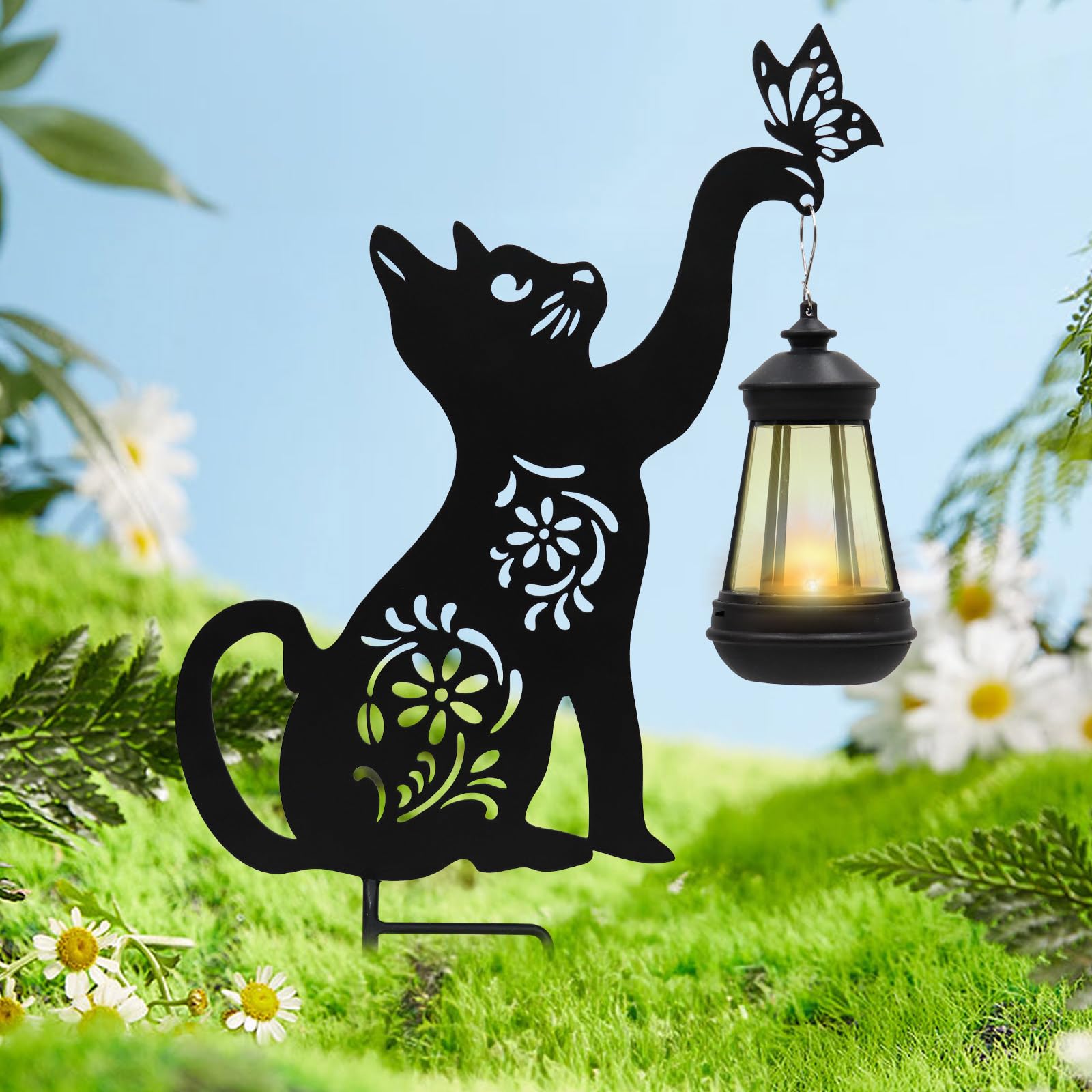 Dnoifne Metal Cat Stake with Solar-Powered Light, Outdoor Solar Decorative Cat Stake, Black Cat Holding Solar Lantern Decor Stake for Outdoor Garden Lawn Yard