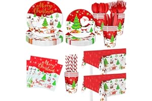 AIBIIN 194pcs Christmas Paper Plates and Napkins - Merry Christmas Party Decorations - Plates, Cup, Napkins, Cutlery, Tablecloth - Disposable Tableware for 24 Guests