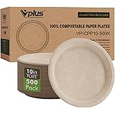 Vplus 500 Pack Compostable Disposable Paper Plates 10.25 inch Super Strong Paper Plates 100% Bagasse Natural Biodegradable Eco-Friendly Sugarcane (nature)