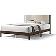 HOMES: Inside + Out Evadne Modern Corduroy Queen Platform Bed Frame with Vertical Channel Tufted Headboard and Solid Wood Slats for Bedroom, Guest Room, No Box Spring Needed, Light Brown/Dark Walnut