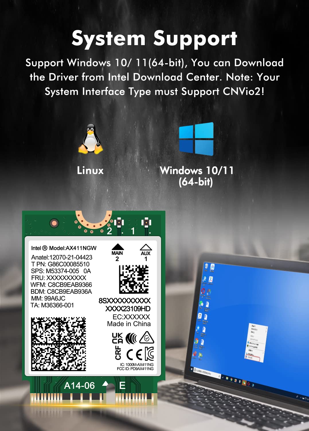 WiFi 6E Wireless Card Intel AX411 NGW. Only Support CNVio2 Protocol and Intel 12/13th Generation CPU, Bluetooth 5.3, Tri-Band 5400Mbps, Network Adapter for Laptop Support Windows 10/11 (64bit),Linux.