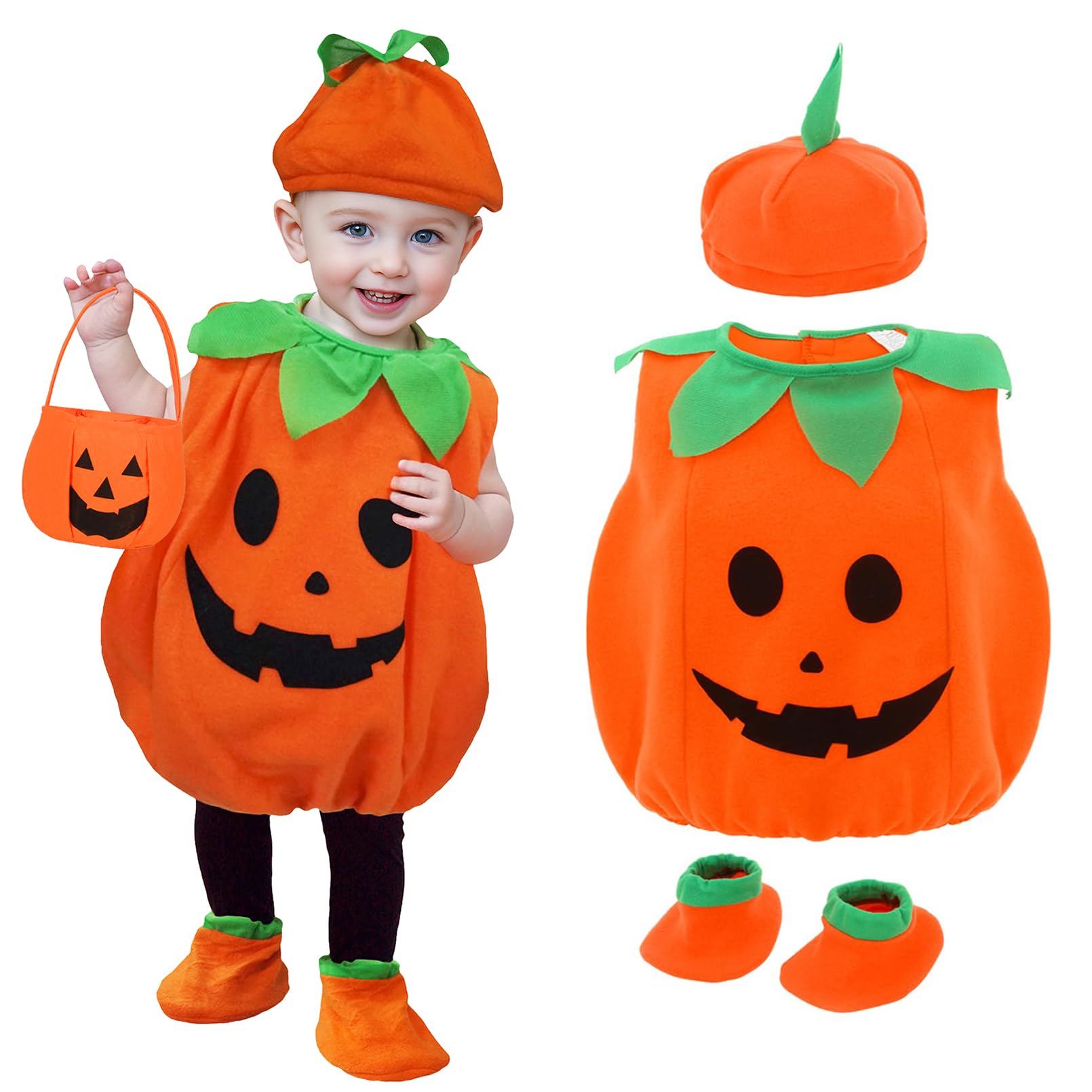 EOZY Baby Halloween Pumpkin Costume Fancy Dress Up Infant Toddler Pumpkin Outfit Cosplay Pumpkin Clothes Shoes Set with Hat and Bag