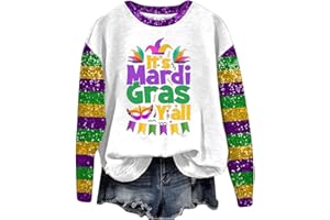 HJYUZP Mardi Gras Costume Mardi Women's Carnival Print Crew Neck Long Sleeve Top Trendy Shirt for Women 2024