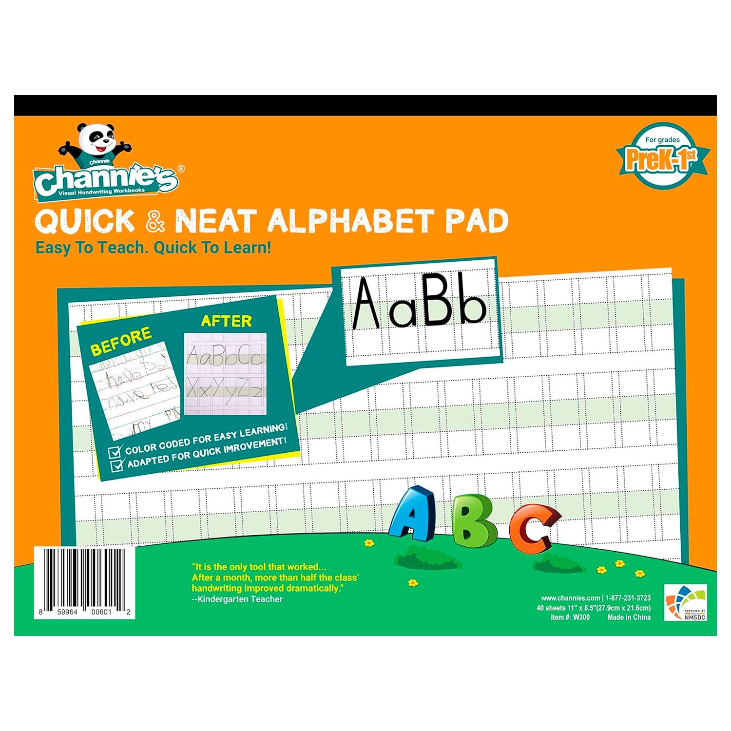 Channie’s Quick & Neat Alphabet Writing Pad, Practice Handwriting & Printing Workbook, 80 Pages Front & Back, 40 Sheets, Grades PreK – 1st, Size 8.5” x 11” Summer School, Summer Bridge