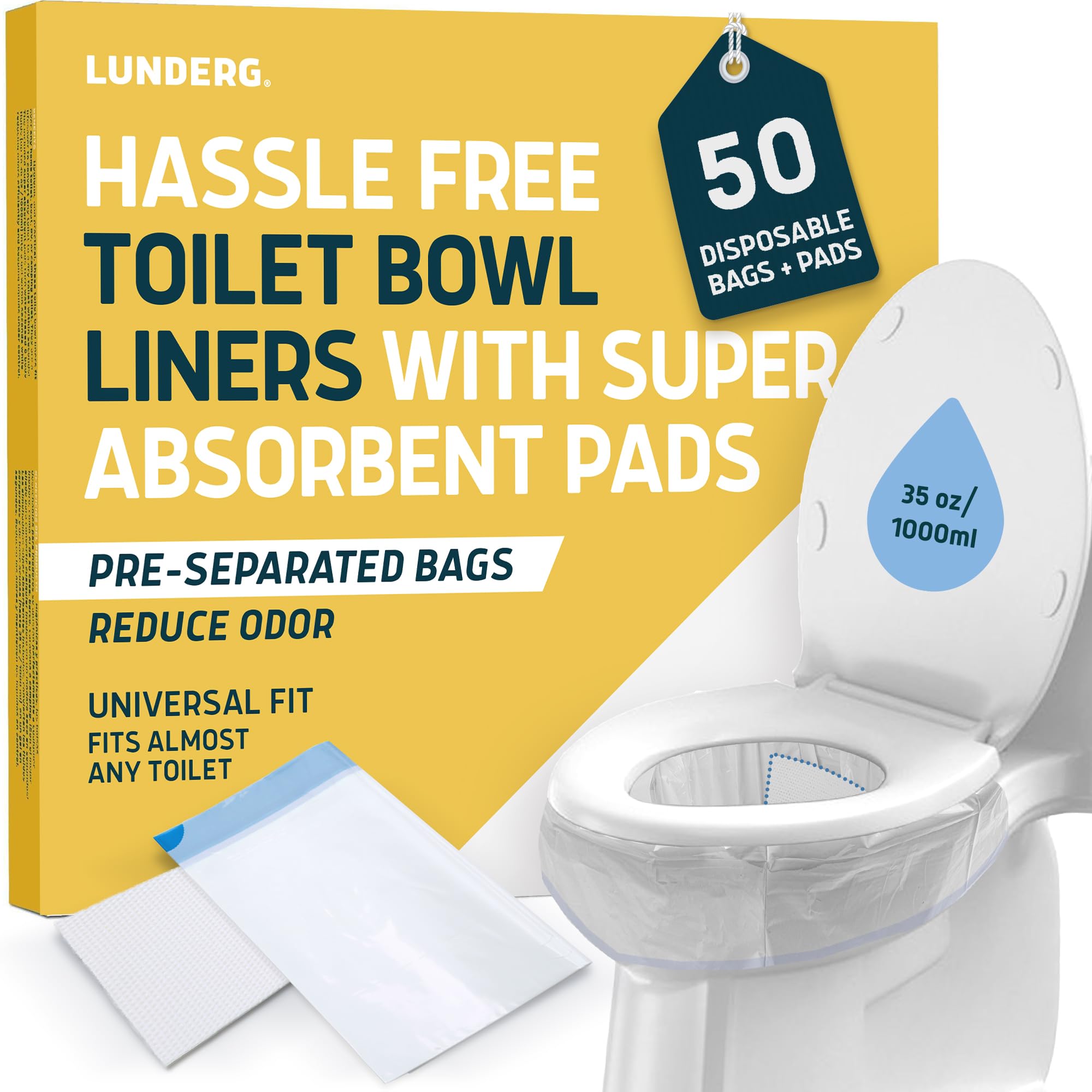 Lunderg Toilet Liners with Lemon Scented Super Absorbent Pads - Value Pack 50 Count Universal Fit - Disposable Toilet Bags - Convert any Home, Boat or Camping WC into a Dry Flush - Emergency must have
