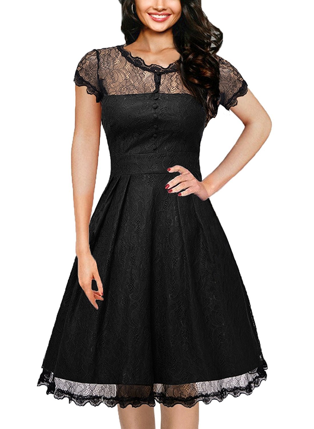 IHOT Women's Vintage Floral Lace Cap Sleeve Retro Swing Elegant Bridesmaid Dress,Black,XXLarge