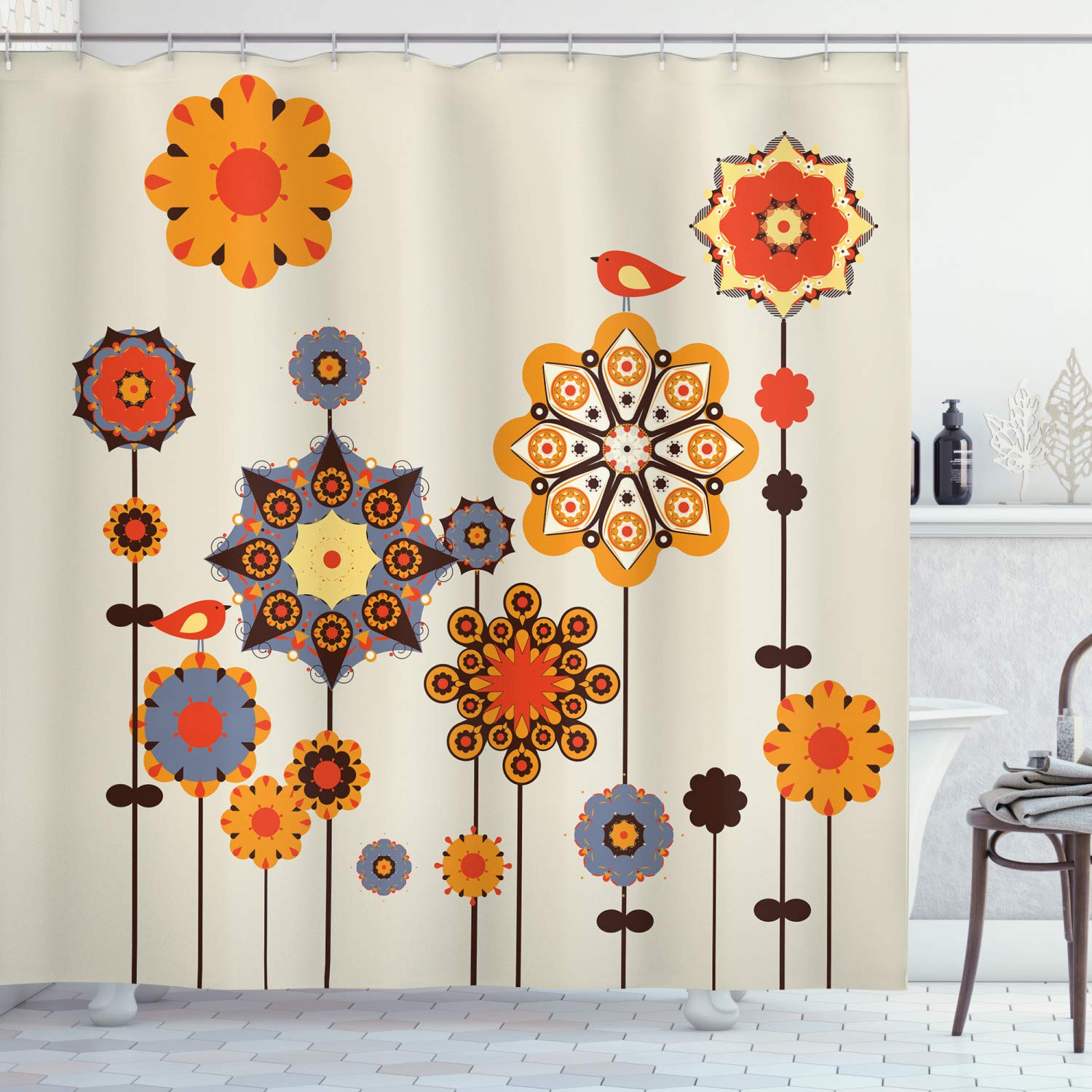 ABAKUHAUS Mandala Shower Curtain, Eastern Floral Arrangement with Little Bird on Top Colorful Image, Cloth Fabric Bathroom Decor Set with Hooks, 86 Inches Extra Long, Beige Orange Bluegrey